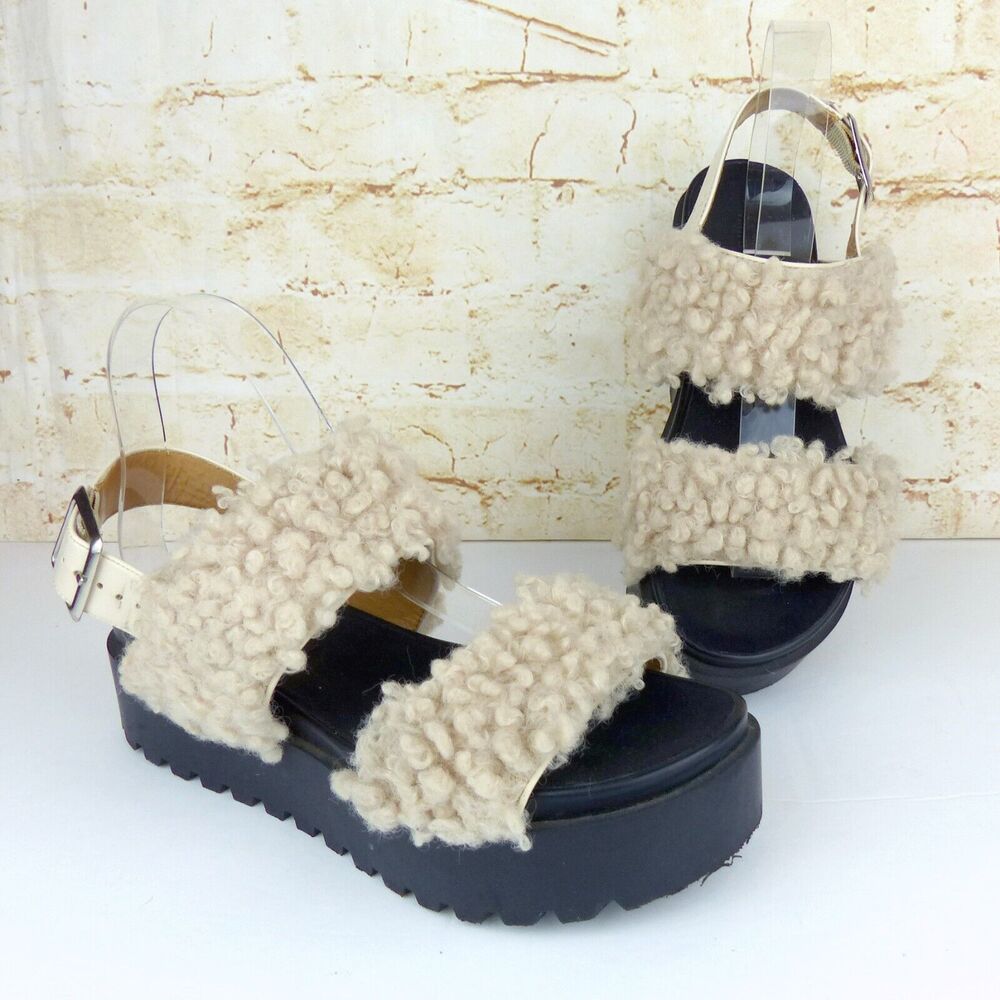 Urban Outfitters Sandal Womens 7 Beige Lexi Faux Sherpa Straps Platform Gorpcore - Picture 4 of 14